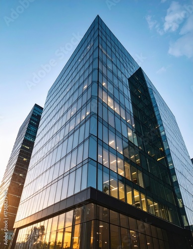 Modern building reflecting light at dusk. Abstract Futuristic Business Background