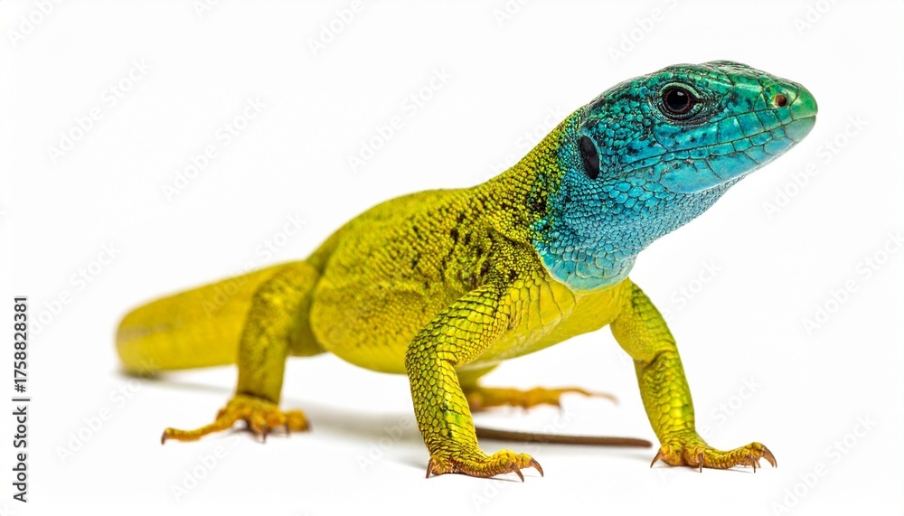 Obraz premium A brightly colored lizard with a vivid blue head and yellow-green body standing against a clean white background.