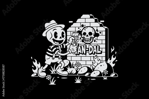 Cartoon Skeleton Vandalizing a Wall with Graffiti and Skull.