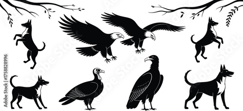 Black silhouette animal and tree illustration, dogs and birds in motion, forest wildlife sketch, ink style, nature posture, outdoor design