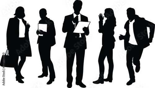 Black silhouette business people illustration, professional attire poses, office activity sketch, corporate behavior art, ink style, workplace gesture design