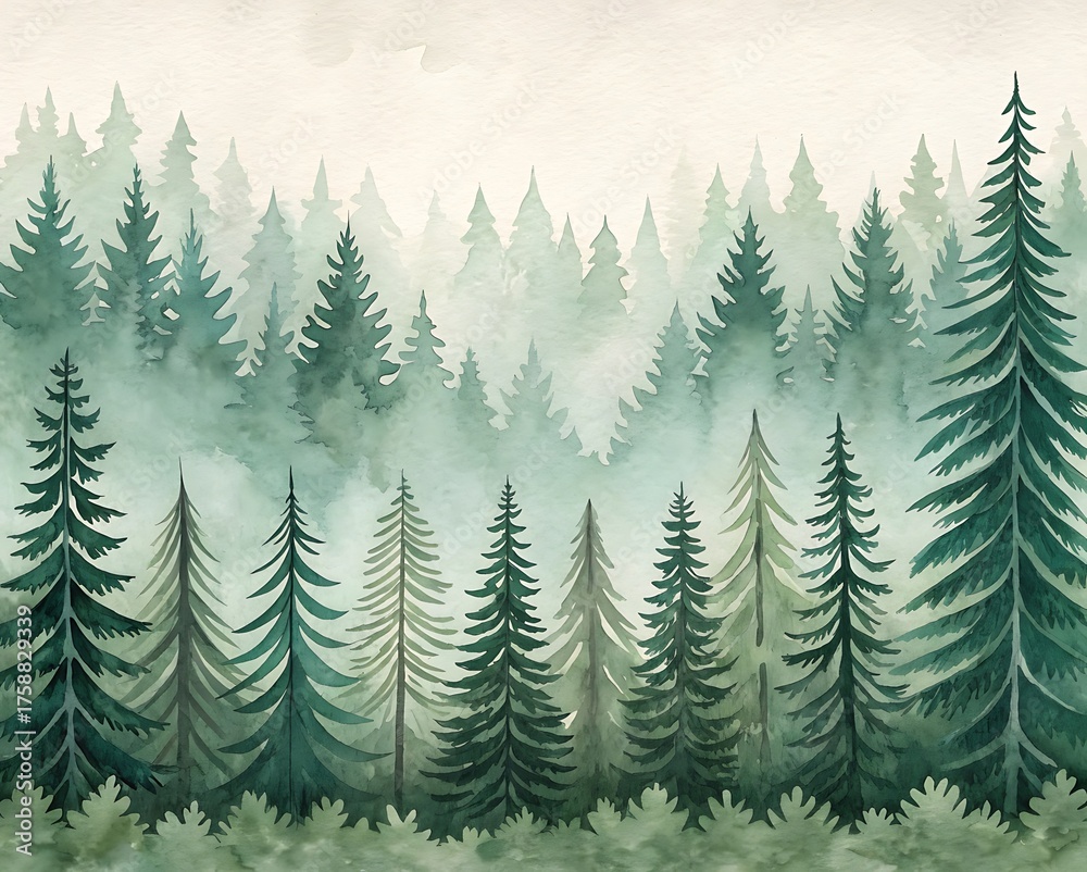 Fototapeta premium Misty watercolor forest landscape with evergreen trees