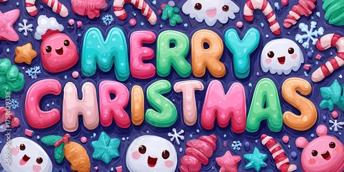 Cheerful festive background with cartoon, bright 3D text “Merry Christmas”, surrounded by cute snowmen, lollipops and other winter elements on a dark blue background