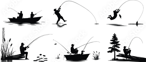 Black silhouette fishing illustrations, boat and shore poses, nature leisure sketch set, outdoor activity art, ink style, angler design theme