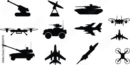 Black silhouette military vehicle illustrations, aerial drone and tank icons, defense equipment sketch, warfare technology art, ink style, tactical design