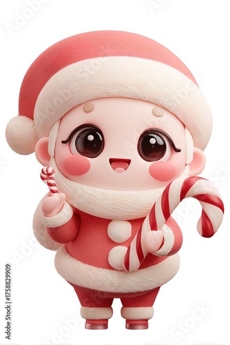 Stylized 3D rendering little adorable cute Santa Claus red and white suit and hat smiling holding Christmas candy canes on a transparent background
