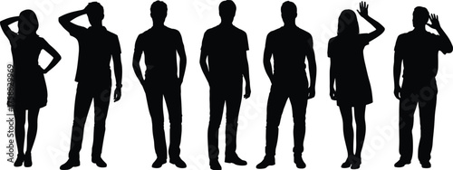 Black silhouette people illustrations, standing human poses and gestures, lifestyle posture sketch set, body language art, ink style, social design