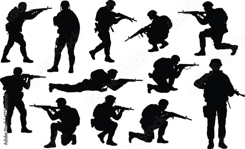 Black silhouette soldier illustrations, tactical combat poses, rifle stance sketch, battlefield motion art, military readiness design, ink style, defense theme