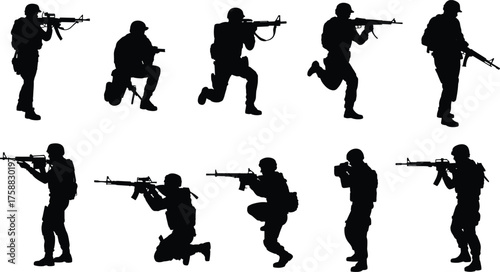Black silhouette soldier illustrations, tactical combat poses, rifle stance sketch, battlefield motion art, military readiness design, ink style, defense theme