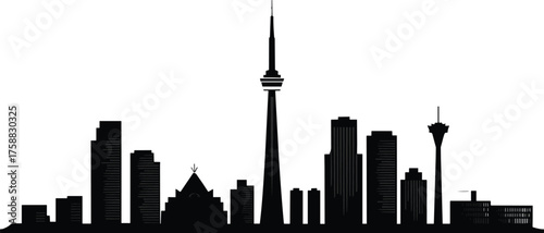Black silhouette Toronto skyline illustration, CN Tower cityscape sketch, urban architecture art, iconic landmark design, ink style, Canadian skyline view