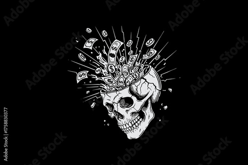 Skull with Exploding Mind of Money and Ideas.