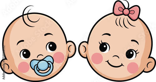 Cartoon baby face set, pacifier and bow illustration, cute infant expressions, gender contrast clipart, parenting vector graphics, isolated white background