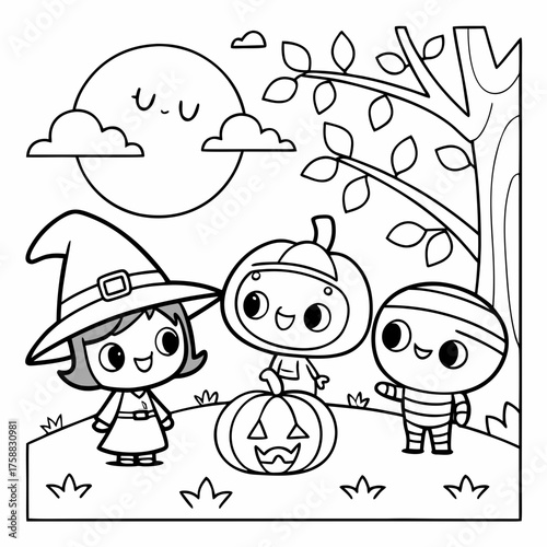 Halloween coloring page for kids with cute kawaii characters. Black and white autumn holiday illustration with witch, vampire, ghost, pumpkin. 