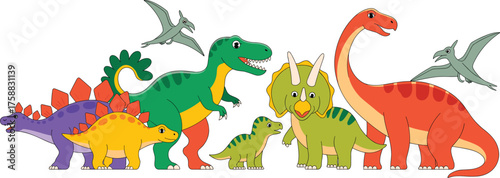 Cartoon dinosaur collection, colorful prehistoric animal set, friendly dino characters, educational illustration, kids nature clipart, isolated white background, vector graphics
