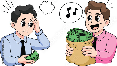 Cartoon financial contrast illustration, rich and poor character emotions, money stress vs wealth happiness clipart, isolated white background, vector graphics