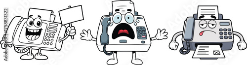 Cartoon fax machine emotions, office equipment illustration, expressive character set, funny technology clipart, paper document icons, isolated white background, workplace humor