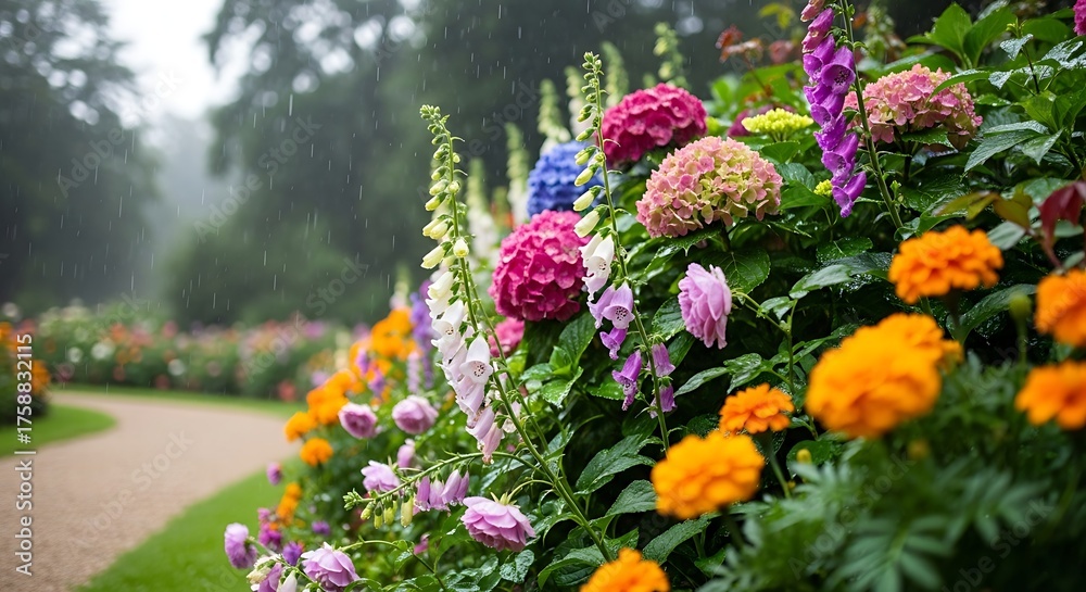 Obraz premium Colorful Hydrangea and Marigold Flowers in Rainy Garden Scene