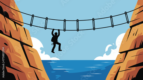 A silhouette of a person crossing a rope bridge over water between two rocky cliffs under a blue sky