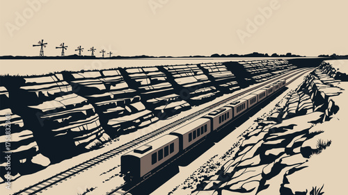 Train traveling through a desert landscape surrounded by rocky cliffs and distant windmills seen above