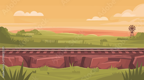 A cartoon landscape featuring a railroad track over rocks with a windmill and fields in the background