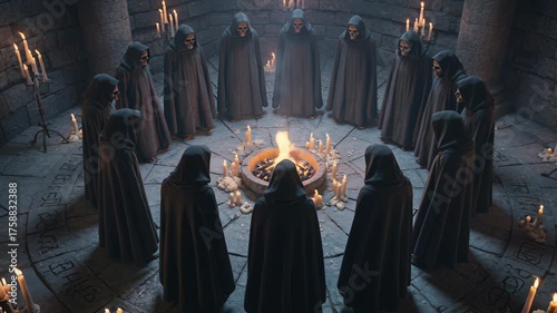 Cloaked participants perform cryptic ceremonial practice within shadowy stone interior, arranging circular formation around central flame with multiple illuminated candelabras