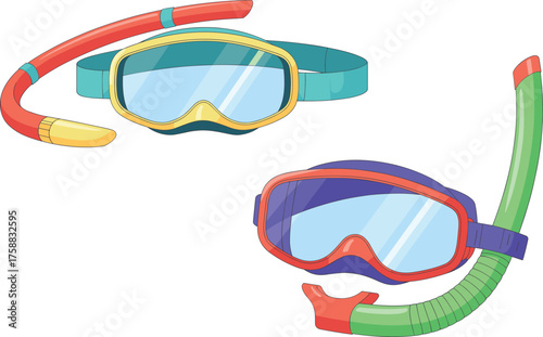 Cartoon snorkeling gear set, colorful diving mask and snorkel illustration, water sport equipment vector, aquatic activity clipart, isolated white background