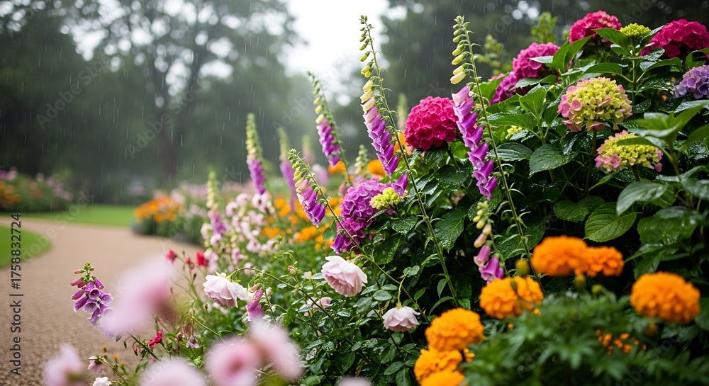 Obraz premium Colorful Hydrangeas and Marigolds Blooming in a Garden During Rainy Weather