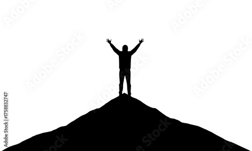 A black silhouette of a person standing on a mountain with arms raised towards sky. Perfect for motivational, adventure, travel, and outdoor designs, posters, social media graphics, print projects.