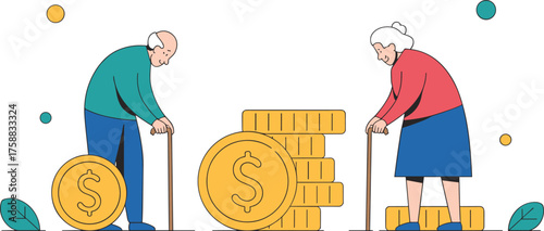 Elderly couple with retirement savings, cartoon financial planning illustration, senior money concept vector, aging and economy clipart, isolated white background