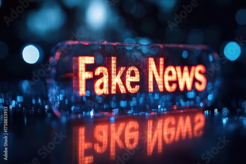 Digital concept “Fake News”: red neon sign reflecting on a shiny, technological surface with blue lighting and bokeh effect, symbolizing disinformation