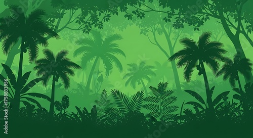 Fototapeta Naklejka Na Ścianę i Meble -  Lush Green Jungle Scene with Palm Trees and Dense Foliage.