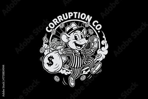 Happy Cartoon Mouse Gangster with Money Bag and Cash.