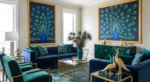 Luxurious living room showcasing a peacock-themed artwork with teal and navy blue furniture.