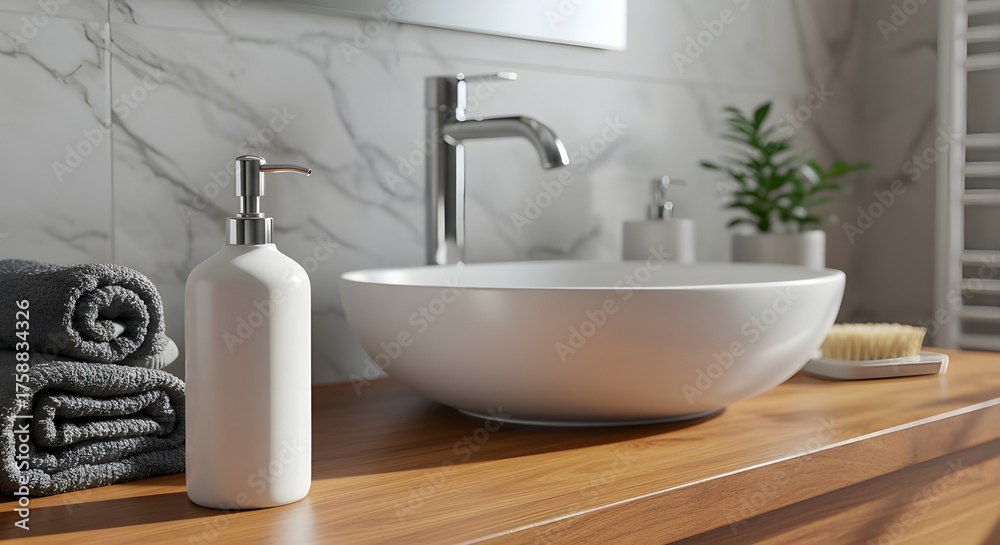 Fototapeta premium White Cosmetic Bottles near Modern Bathroom Sink on Wood Surface