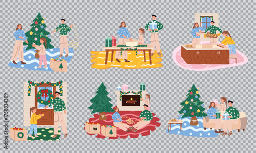 Family preparing for Christmas, New Year, and winter holidays at home — decorating Christmas tree, wrapping gifts, baking cookies, and enjoying cozy festive time together. Perfect for children’s books