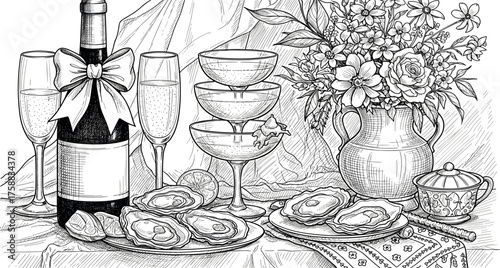 Elegant Oyster Feast Black and White Illustration of Fine Dining