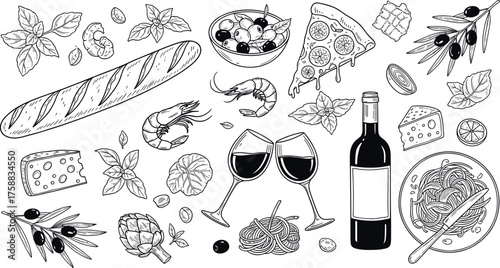 Delightful Culinary Illustration A Black and White Feast of Gourmet Delights, Food and Wine