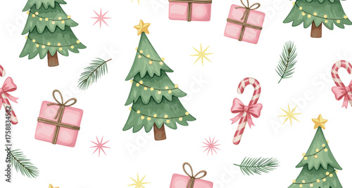 Festive Christmas Watercolor Seamless Pattern with Trees, Gifts, and Candy Canes, Holiday Background