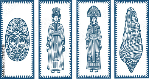 Artistic Collection of Cultural Heritage Illustrations Depicting Traditional Attire, an Ancient Stylized Mask, and an Elegant Seashell, Crafted with Intricate Line Art Detail