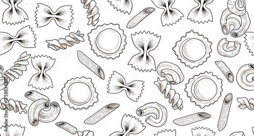 Various Types of Pasta Noodles in a Seamless Pattern Illustration