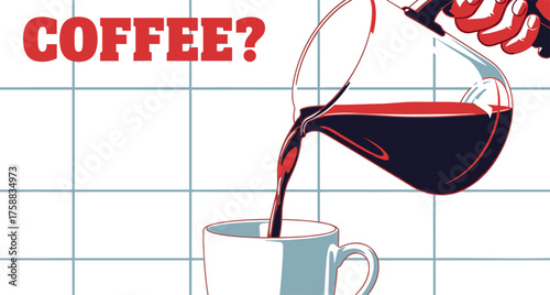 Coffee pour illustration, a cup being filled with dark coffee, perfect for cafe or coffee shop promotions