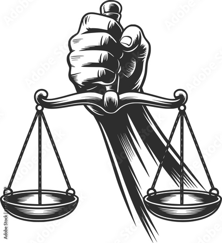 Justice Balance Scales Hand Symbol Law Equality Emblem Illustration.