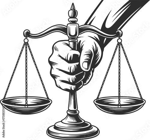 Justice Balance Scales Hand Symbol Law Equality Emblem Illustration.