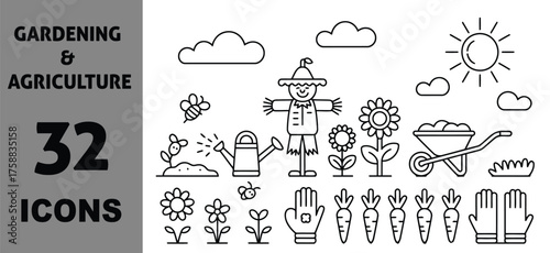 Icon set vector art of gardening and agriculture icons set