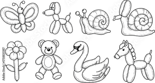 Delightful Balloon Animal Collection Butterfly, Dog, Snail, Bear, Swan, Flower, and Horse Designs