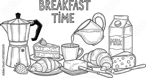 A delightful line drawing of a breakfast spread featuring coffee, croissants, cake, butter, and milk, perfect for culinary and lifestyle content