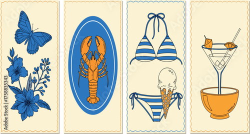 Set of four decorative vertical banners featuring a blue butterfly, a lobster, a bikini with ice cream, and a cocktail, all within scalloped frames