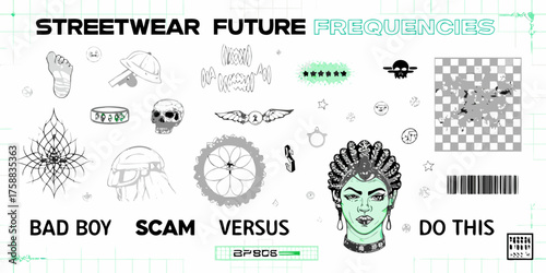 Streetwear future frequencies collage of diverse graphic elements and typography