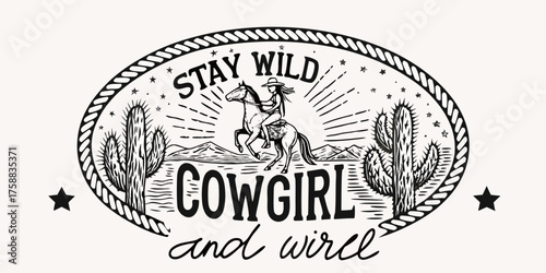 Vintage style illustration of a cowgirl riding a horse in the desert with cacti and mountains