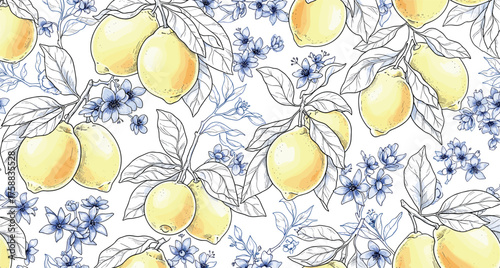 Delightful botanical seamless pattern of ripe yellow lemons and their foliage, complemented by charming hand-drawn blue flowers, creating a fresh and decorative background texture